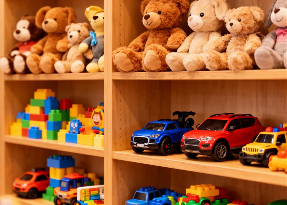 Toy display with teddy bears, cars, and blocks on wooden shelves.